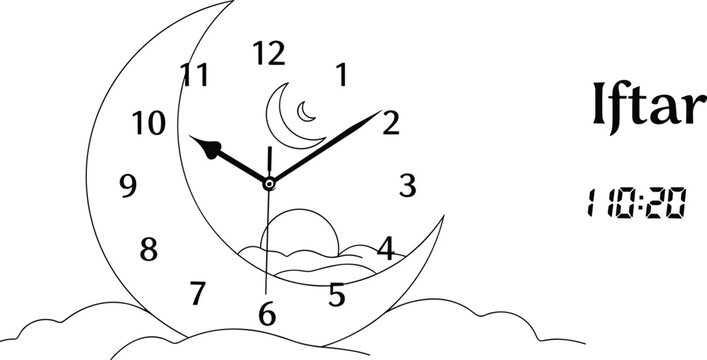 Ramadan iftar time clock and crescent moon with sunset on white background