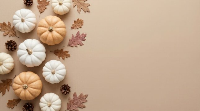 Flat lay of white and orange pumpkins with dried oak leaves on beige background with copy space.