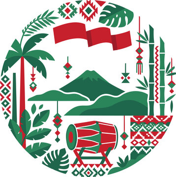 Indonesian culture and landscape emblem with drum and mountains.