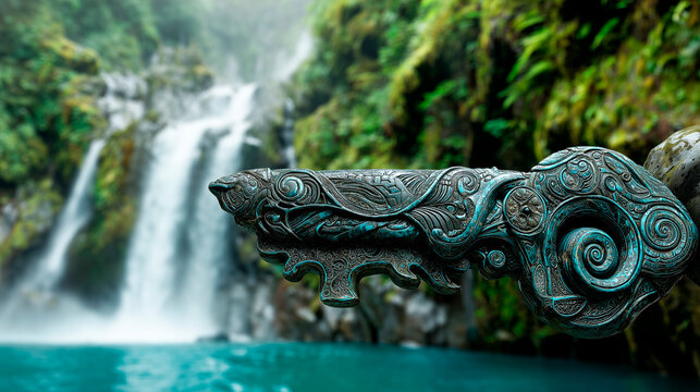 An antique ornate metal key handle against a blurred background of a waterfall.