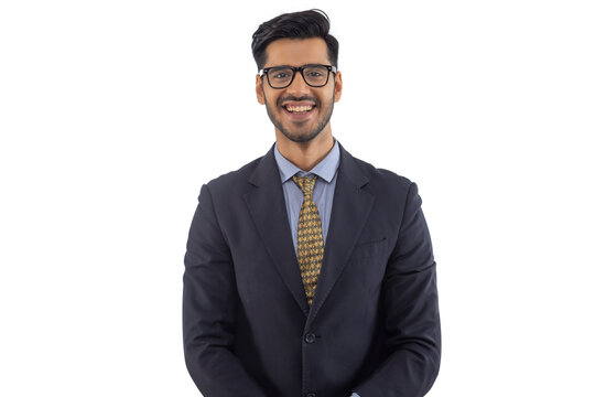 Portrait of a corporate employee in formal business suit smiling against plain backdrop.
