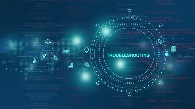 Digital troubleshooting interface with hud and global data network animation for tech support and cybersecurity concepts