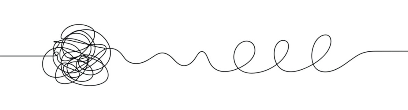 Continuous line drawing representing messy untangling mind transition into clear organized straight path