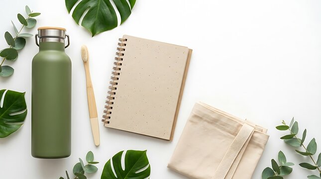 Eco Friendly Zero Waste Kit with Reusable Water Bottle Bamboo Toothbrush and Natural Notebook on White Background