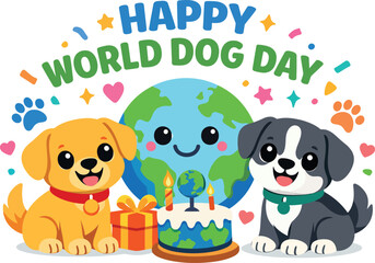 Fototapeta premium Happy World Dog Day Cute Cartoon Puppy Celebration with Earth Birthday Cake Gift Box and Colorful Paw Print Vector Illustration