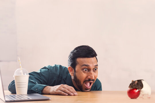 A corporate employee with laptop and drink surprised looking at a mouse nibbling an apple.