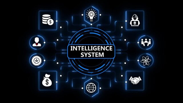 Intelligence System Platform Featuring Intelligent Enterprise Analytics and Digital Automation on Dark Blue Background