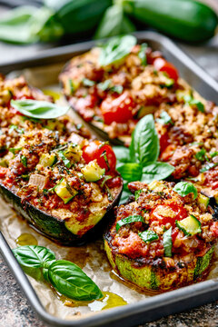 Italian Sausage Stuffed Zucchini Boats with Tomatoes &ndash; AI Generative