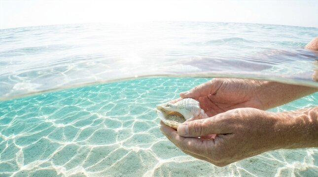 Hands holding beautiful seashell over clear turquoise ocean water split surface view
