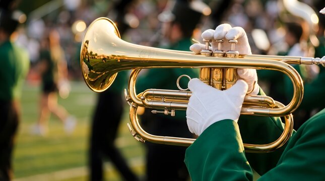 Marching band musician playing trumpet. Brass instrument performance at stadium event.