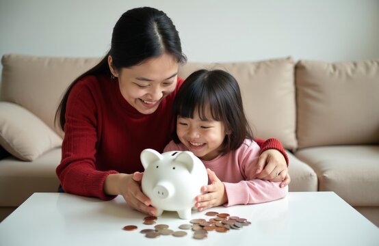 Asian mother teaches little daughter financial literacy using white piggy bank. Woman child sit home couch put coins into ceramic container save money together. Happy family develop smart budget