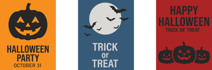 Fototapeta premium Collection of Halloween party signs with jack-o-lanterns, bats, and moon on colored backgrounds