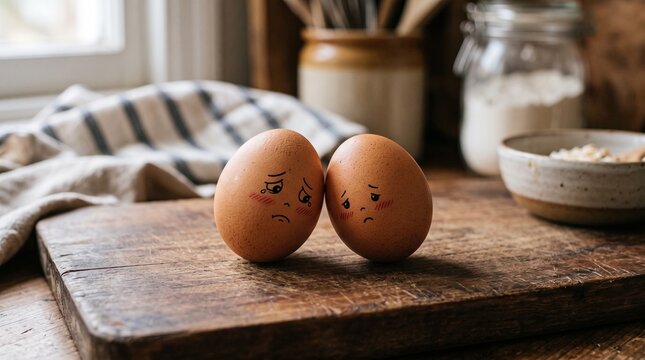 Two Sad Brown Eggs Leaning on Each Other with Crying Faces on Wooden Board
