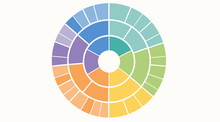 Fototapeta premium Radial sunburst infographic with nested concentric color rings and segmented data categories, clean no text analytics wheel for hierarchy mapping and business visualization vector illustration