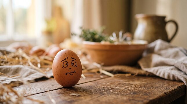 Confused Brown Egg with Worried Face Expression Standing Alone on Straw Wooden Table
