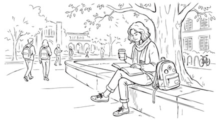 Obraz premium Detailed line drawing of a student studying on a park bench with campus buildings and trees in background