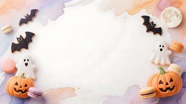 Elegant Halloween Macaron Brush Style Background with Cute Ghost Desserts Around Edges