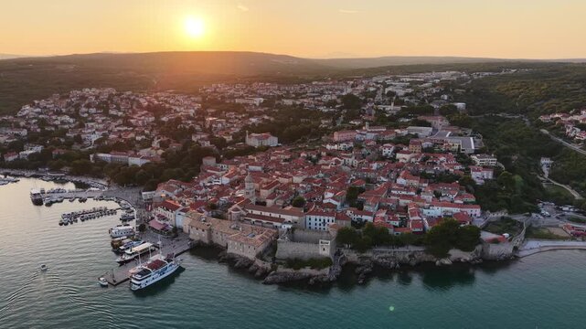 Krk in Croatia. Panoramic Aerial View of the Historic Old Town and Harbor at Sunset