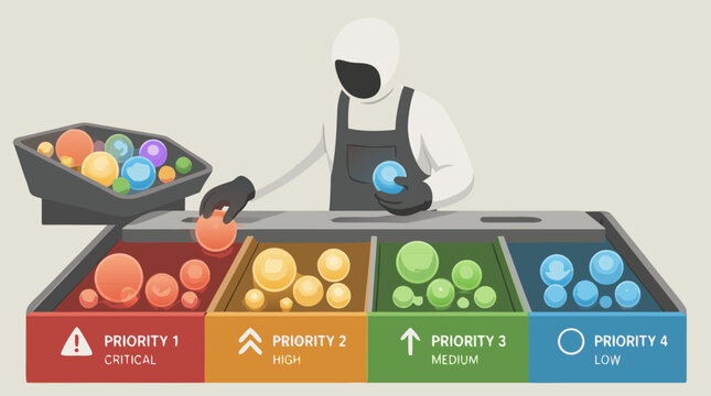 Faceless worker sorting luminous orbs into colorful priority lanes on a production line, flat vector workflow concept for task management, triage, urgency, risk ranking and efficient operations