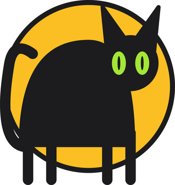 Stylized retro black cat with green eyes and arched back standing against a yellow moon.