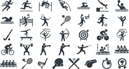 Summer Sports and Athletic Games Pictogram Icon Set with Competition, Fitness, and Olympic Style Discipline Symbols for Tournament Websites, Apps, and Editorial Designs