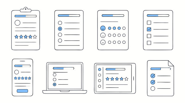 Survey questionnaire thin line icon set with rating stars, radio buttons, checklists, progress bars, mobile forms, laptop feedback screens and editable stroke vector interface templates