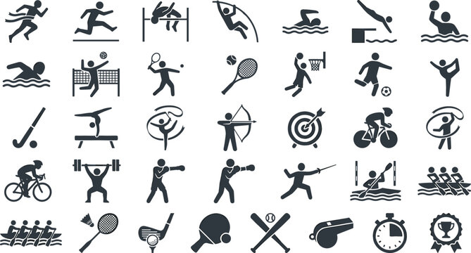 Summer Sports and Athletic Games Pictogram Icon Set with Competition, Fitness, and Olympic Style Discipline Symbols for Tournament Websites, Apps, and Editorial Designs