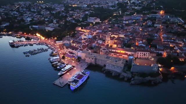 Krk in Croatia. Panoramic Aerial View of the Historic Old Town and Harbor at Sunset
