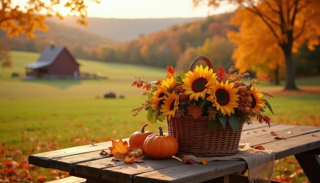 Rustic picnic table with sunflowers pumpkins and autumn leaves. Barn and colorful fall trees in background, golden hour sunlight. Peaceful countryside scene for harvest season.