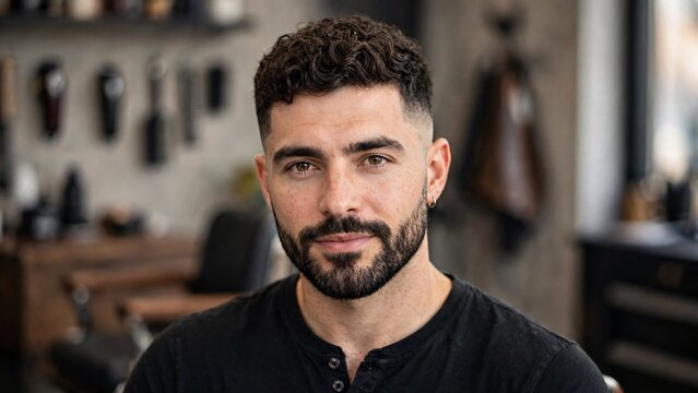 Portrait of a handsome young man with a beard and stylish haircut in a modern barbershop