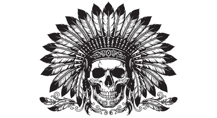 Fototapeta premium Human skull wearing traditional feathered headdress with skull art tribal art skull and feathers headdress