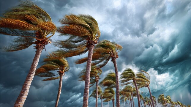 Windstorm bends tall trees under dark sky with flying leaves and branches in a dramatic weather scene