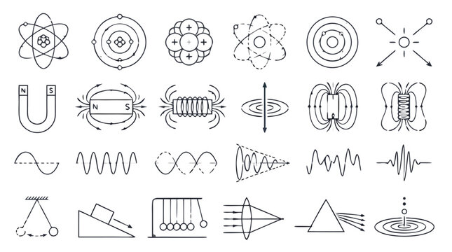 Minimal black line physics icon collection featuring atoms, magnetic fields, waveforms, pendulums, optics and motion diagrams, editable vector STEM symbols for clean educational design layouts
