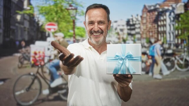 Man holding white gift box with blue ribbon, left hand supporting box and right hand extended offering, visible hand gesture on street with bicycles and canal houses; warm generosity.