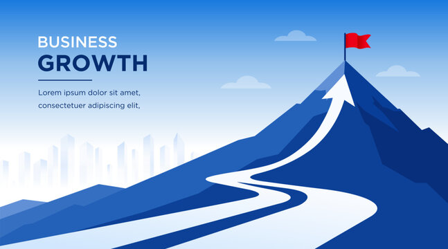 Business, growth, mountain, success, strategy vector illustration with an upward arrow road leading to the summit and achievement flag. Modern corporate banner background for presentation