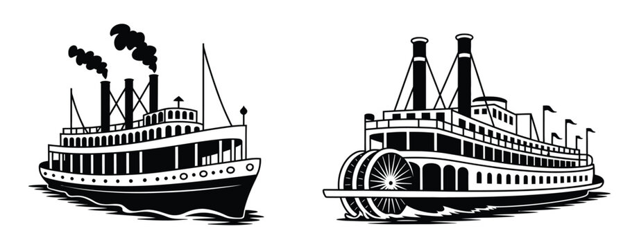 Steamboat, Icon Set Featuring Vintage Riverboat Designs, Paddlewheel Boats, Traditional Steamship Illustrations, Nautical Themes, River Cruise Branding, and Professional Vector Design Concepts.