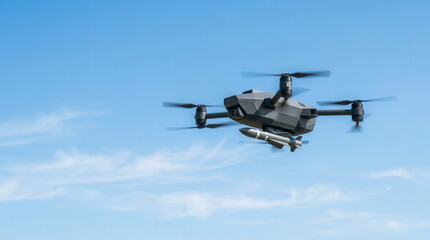 Fototapeta premium Military drone carrying missile flying blue sky, air defense and national security technology