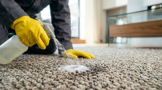 Hands in yellow gloves spraying foam cleaner on rug stain, professional cleaning service and household hygiene