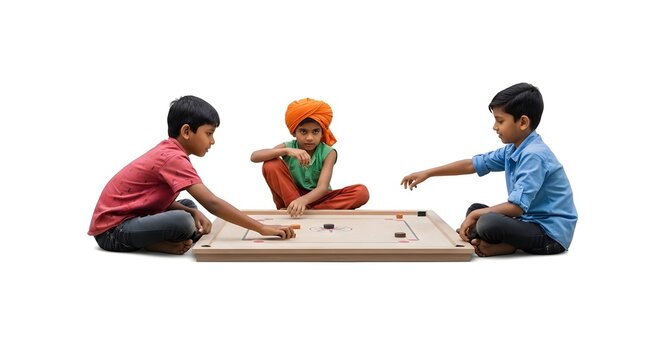 Children playing carrom game on white background with vibrant clothing and engaging expressions
