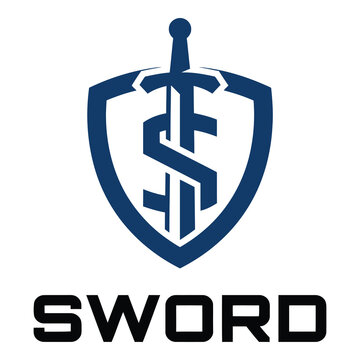 Blue shield and sword logo with dollar sign symbol  finance protection icon icon