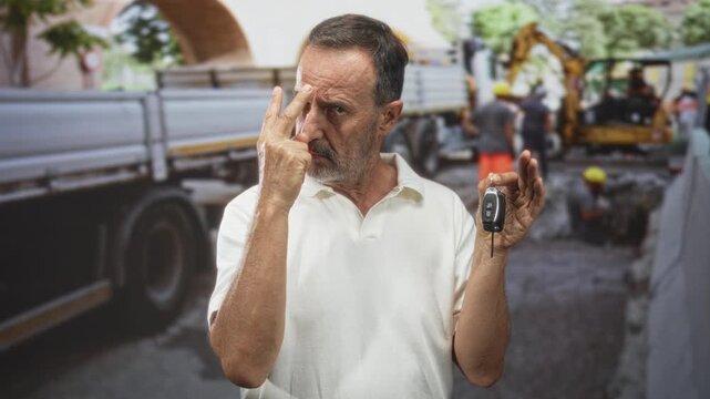 Man holding key in right hand beside parked car on street, reaching for door handle and peering at lock; frustration.
