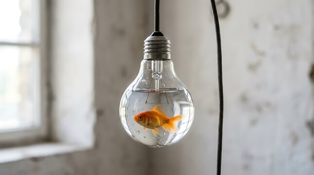 A goldfish swimming inside a clear light bulb filled with water, against a blurred backdrop