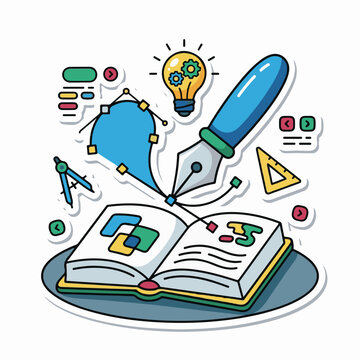 Creative design process illustrated with pen book tools and idea bulb