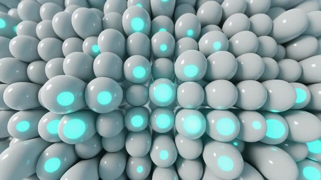 Ultra realistic suspended glass droplets with glowing energy cores form a synchronized three dimensional matrix, creating a premium futuristic computing technology background with elegant copy space.