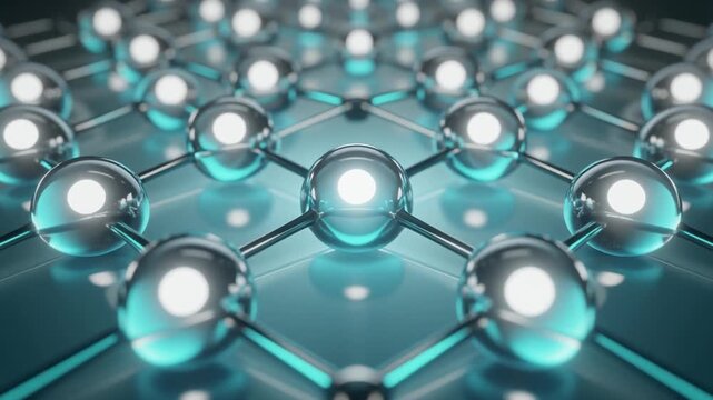 Ultra realistic suspended glass droplets with glowing energy cores form a synchronized three dimensional matrix, creating a premium futuristic computing technology background with elegant copy space.