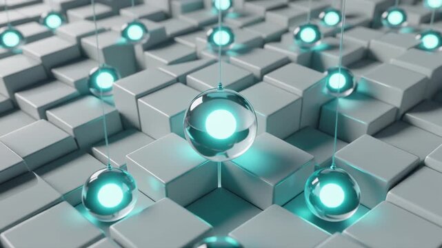 Ultra realistic suspended glass droplets with glowing energy cores form a synchronized three dimensional matrix, creating a premium futuristic computing technology background with elegant copy space.