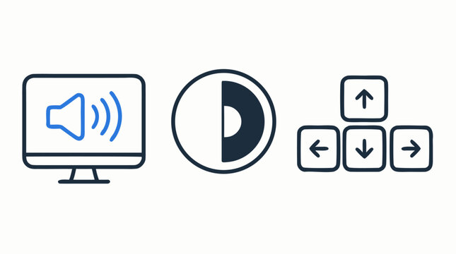 Digital accessibility line icon set with screen reader audio monitor, high contrast mode symbol and keyboard navigation arrows, editable vector stroke UI elements for inclusive web and software design