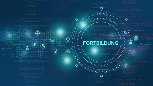 Digital development concept: futuristic hud interface with global network data and "fortbildung" text overlay for corporate training and e-learning