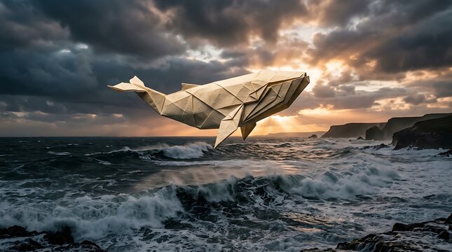 An origami whale jumps out of the ocean waves at sunset