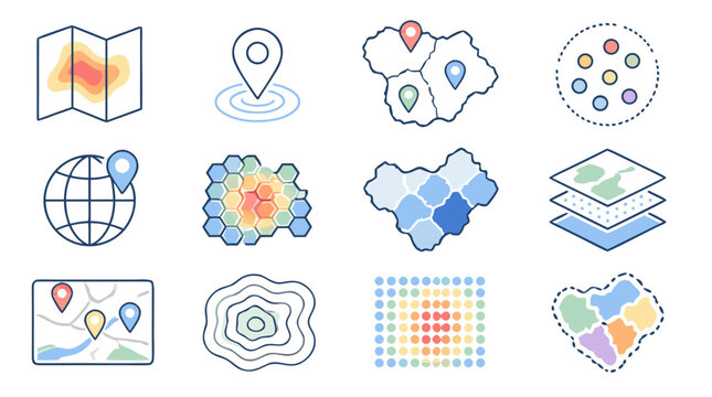 Geographic data line icon set with heat maps, location pins, regional clusters, contour layers, choropleth areas and spatial analytics dots, editable vector stroke GIS symbols for mapping apps